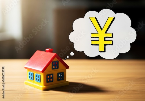 Toy house and yen symbol representing real estate or property investment concepts