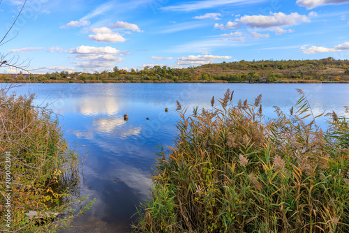 Canvas Print Calm lake mirrors blue sky and fluffy clouds