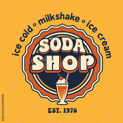 Retro Soda Shop badge vector logo with milkshake illustration, circular vintage emblem with scalloped border, ice cold drinks and ice cream lettering, vector label design for cafe branding