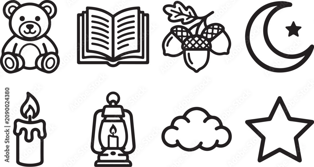 Fototapeta premium Minimalist icons set of cozy and nighttime symbols