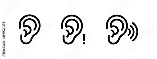 Hearing ear line icons, listening, audio notification and sound wave symbols for healthcare, accessibility and communication applications.