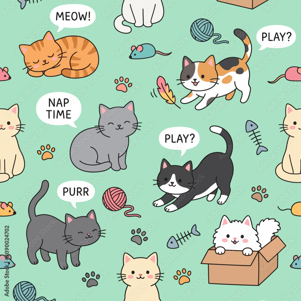 Fototapeta premium This vibrant image features an adorable collection of cats in various playful poses, showcasing their cuteness and charm with delightful colors and fun elements.