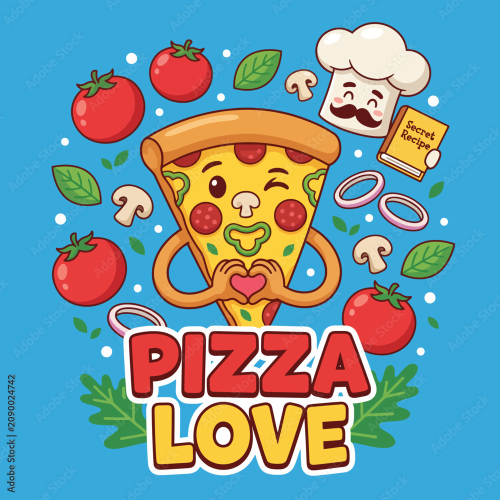 Fototapeta premium The cheerful pizza character is adorned with tomatoes and herbs, expressing a fun, playful take on the theme of pizza love, perfect for food enthusiasts and casual dining promotions.