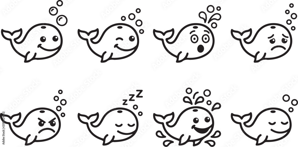 Fototapeta premium Whale cartoon icons showing different emotions