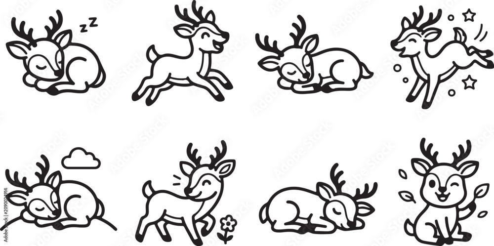 Fototapeta premium Cute deer icons in playful and sleeping poses