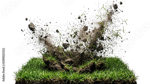 Explosion of dirt and grass clods isolated on transparent background