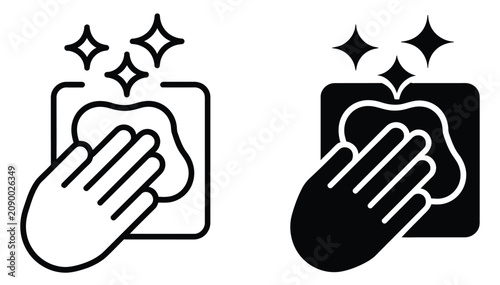 Foto Clean disinfection icon showing hand wiping a surface with shine symbols represe