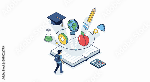 Isometric student exploring educational concepts rising from an open book for academic success with illustration student backpack