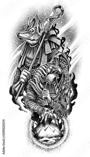 Fotografie Ancient Egyptian gods Anubis and Horus monochrome illustration transparent backg