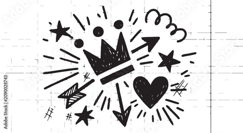 Hand-Drawn Black Crown and Heart Vector