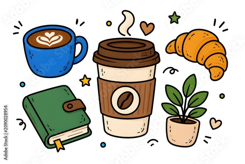 Coffee cup croissant notebook and plant doodle illustration with hand drawn style