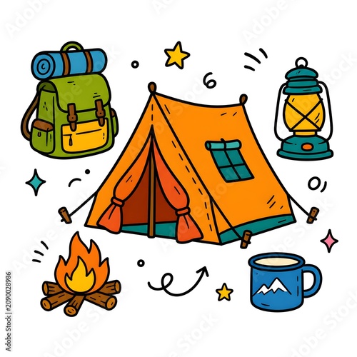 Colorful doodle illustration of camping equipment including tent backpack and campfire