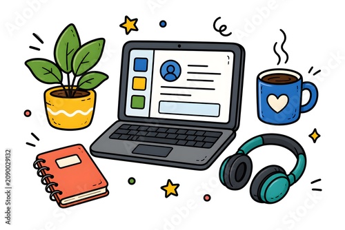 Doodle style illustration featuring a laptop plant coffee headphones and notebook