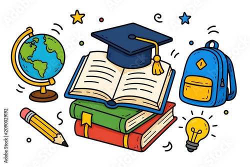 Education themed doodle illustration with globe graduation cap books and school supplies