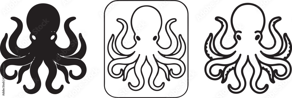 Fototapeta premium Octopus Line Icons Set, Marine Sea Creature Outline Vector Collection for Ocean Wildlife and Aquarium Design