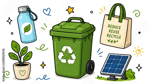 Recycling and sustainability themed doodle illustration with water bottle trash can and solar panel