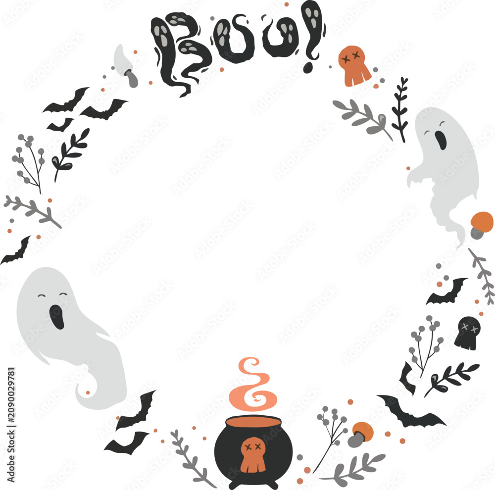 Fototapeta premium Halloween frame featuring friendly ghosts, bats, spooky lettering, a witch cauldron, mushrooms, and botanical elements surrounding a blank space for text.