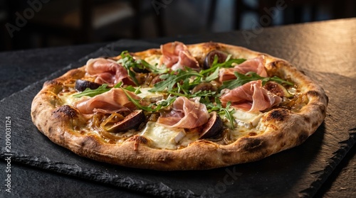 Artisanal pizza with prosciutto, fresh figs, arugula, and goat cheese on slate board