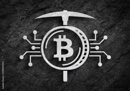 Bitcoin crypto mining pickaxe and circuit on stone wall