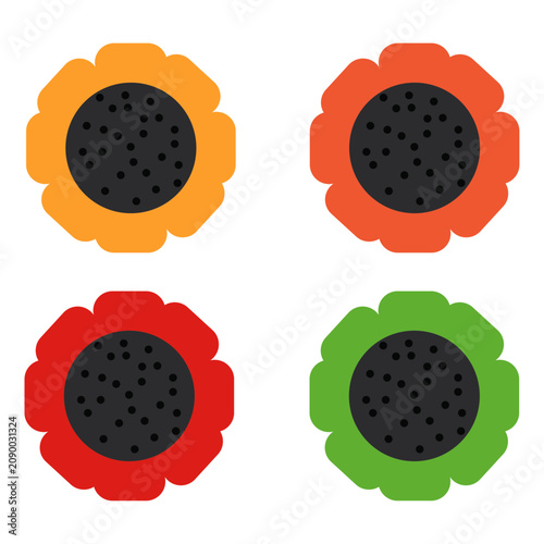 Sun Flower set, Yellow, Orange, Red, Green flowers. Editable vector illustration stroke. Transparent background.	