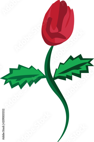 Red rose with green leaves. Editable vector illustration outline stroke. Transparent background.