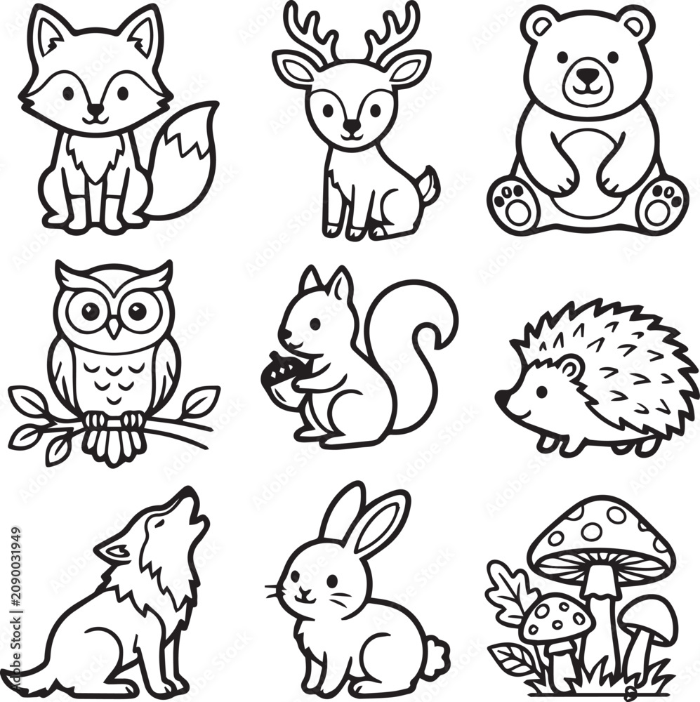 Obraz premium Printable Icon Set Coloring Pages Bundle | Cute Black and White Vector Line Art for Kids Coloring Book