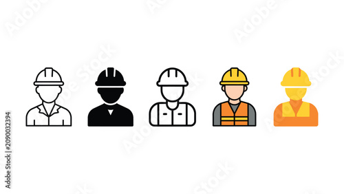 Five different colored construction worker icons with hard hats and vests