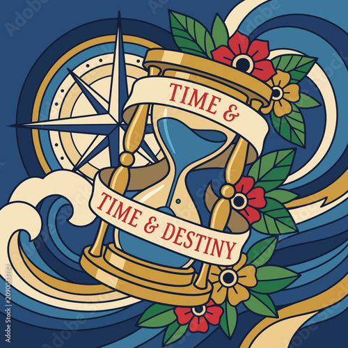 A beautifully designed hourglass surrounded by floral elements and waves, representing the passage of time and the intertwining of destiny in an artistic way.