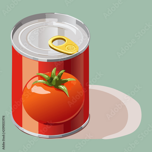 Red canned tomato tin container with whole fresh red tomato icon print label for cooking sauce pantry ingredient - Vector Illustration
