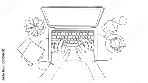 laptop with hands typing and coffee cup in black line art black line art vector icon