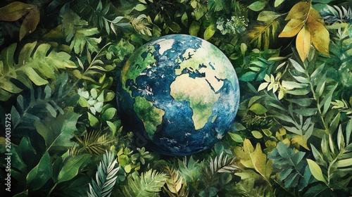 Watercolor earth surrounded by leaves, symbolizing biodiversity and the interconnectedness of nature.