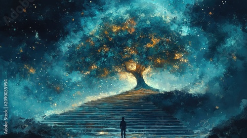 Watercolor illustration of a large tree of knowledge. Fantasy abstract surreal library, wood stairs, boy silhouette. Back to school.