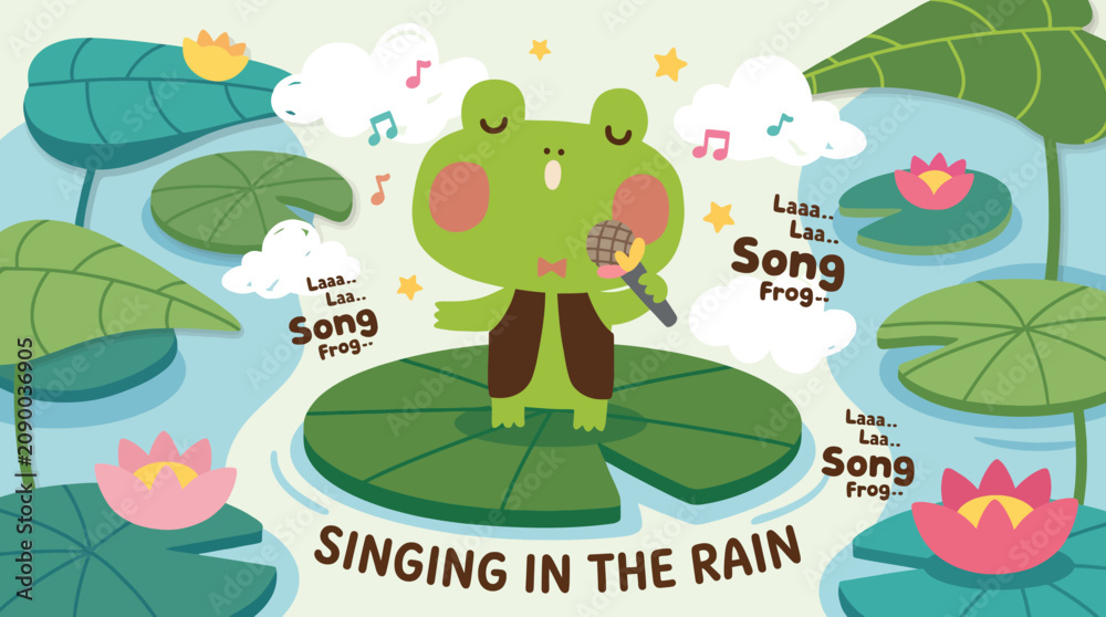 Fototapeta premium A cheerful frog singing on lily pads captures a serene and joyful moment in nature, complete with colorful water lilies and a light atmosphere of happiness and creativity.
