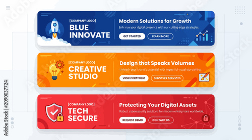 Fotografie Set of three horizontal website banners with call-to-action.