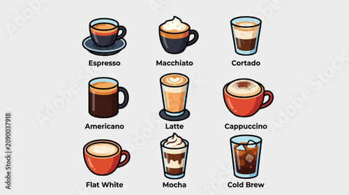 Bild auf Leinwand Variety of coffee drinks illustrated