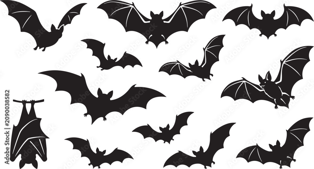 Fototapeta premium Spooky halloween bats collection black silhouette vector graphics for october 31st decorations and creepy designs