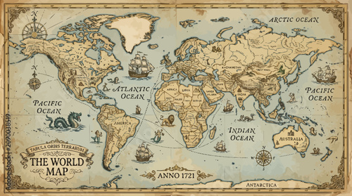 Canvastavla Vintage world map on aged parchment background.