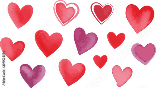 A collection of various red and pink watercolor textured heart elements isolated on a white background.