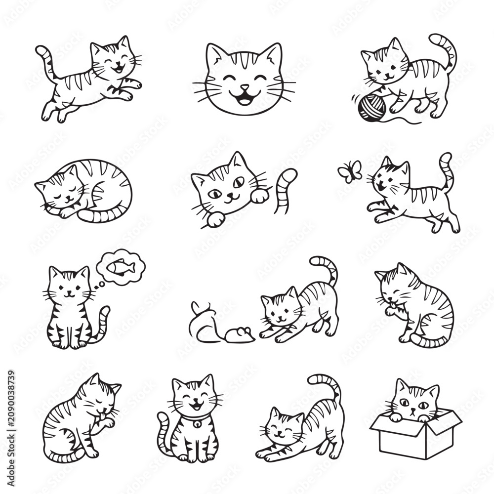 Fototapeta premium Cute cartoon cats in various playful poses with simple line art and a clean white background for easy use