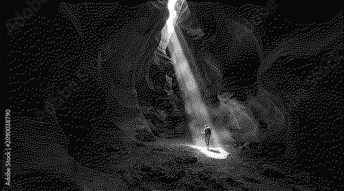 Bild auf Leinwand A lone explorer standing in a beam of light inside a dark cavern