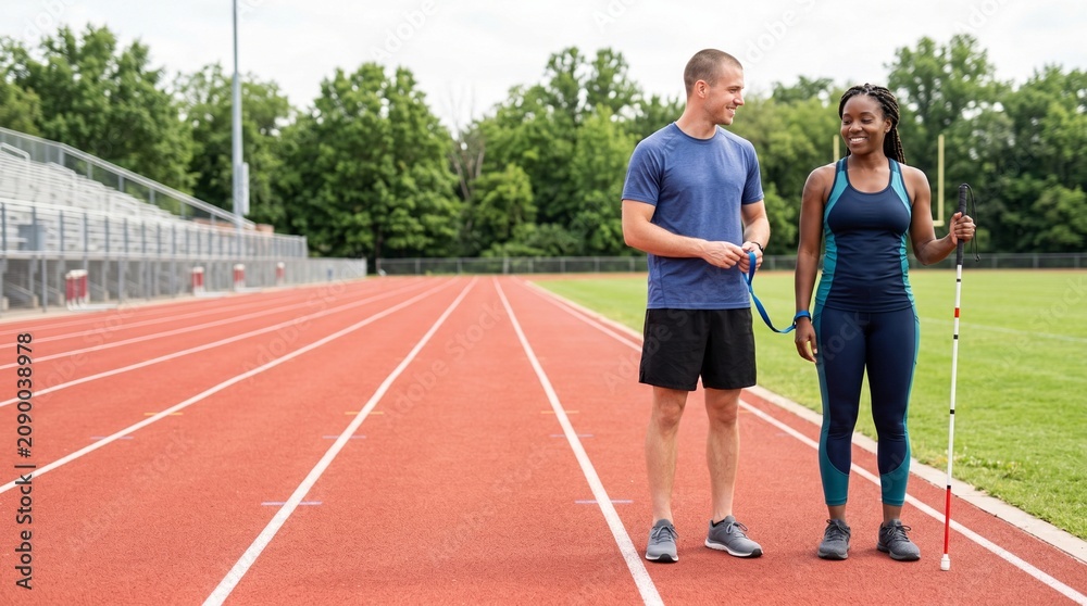 Obraz premium Blind female runner with guide talking on track field during training 