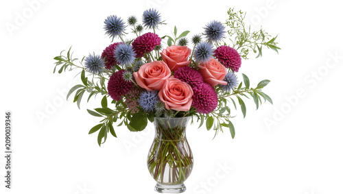 Foto Isolated beautiful fresh cut floral bouquet with pink roses purple thistle magenta flowers glass vase
