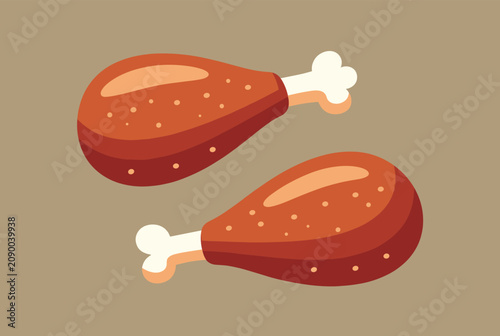Pair of roasted chicken drumsticks with textured skin and white bones isolated on a brown background for restaurant menu illustrations.