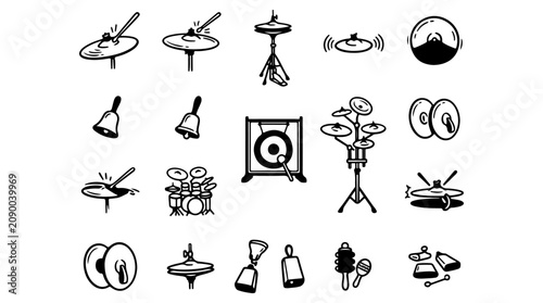 Canvastavla Percussion instruments illustration featuring drums, cymbals, bells, gong, and m