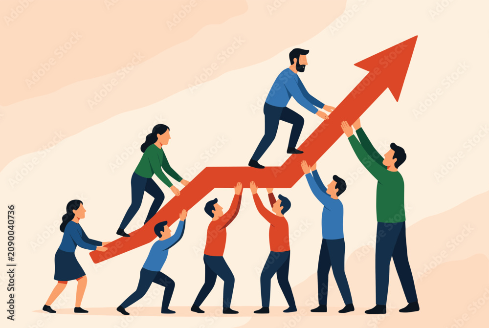 Obraz premium Teamwork and growth concept with a group of people in business attire collectively pushing a large red arrow upwards on a light background.