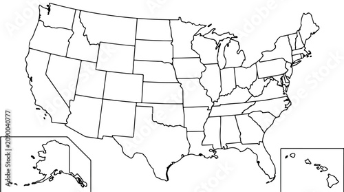 Cuadro en lienzo United States map outline illustration showing all 50 states, including separate
