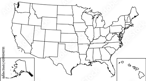 Cuadro en lienzo United States map outline illustration showing all 50 states, including separate