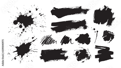 Abstract Ink Splatter and Brush Strokes Set, Black Grunge Paint Blot and Scribble Marks, Creative Textured Graphic Elements Collection