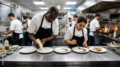 Brigade de cuisine préparant des assiettes dans un restaurant gastronomique