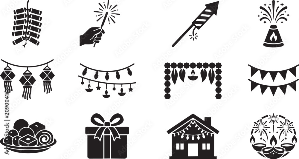 Fototapeta premium Black and white Christmas icons, festive holiday symbols, 12 decorations, gift, food, party